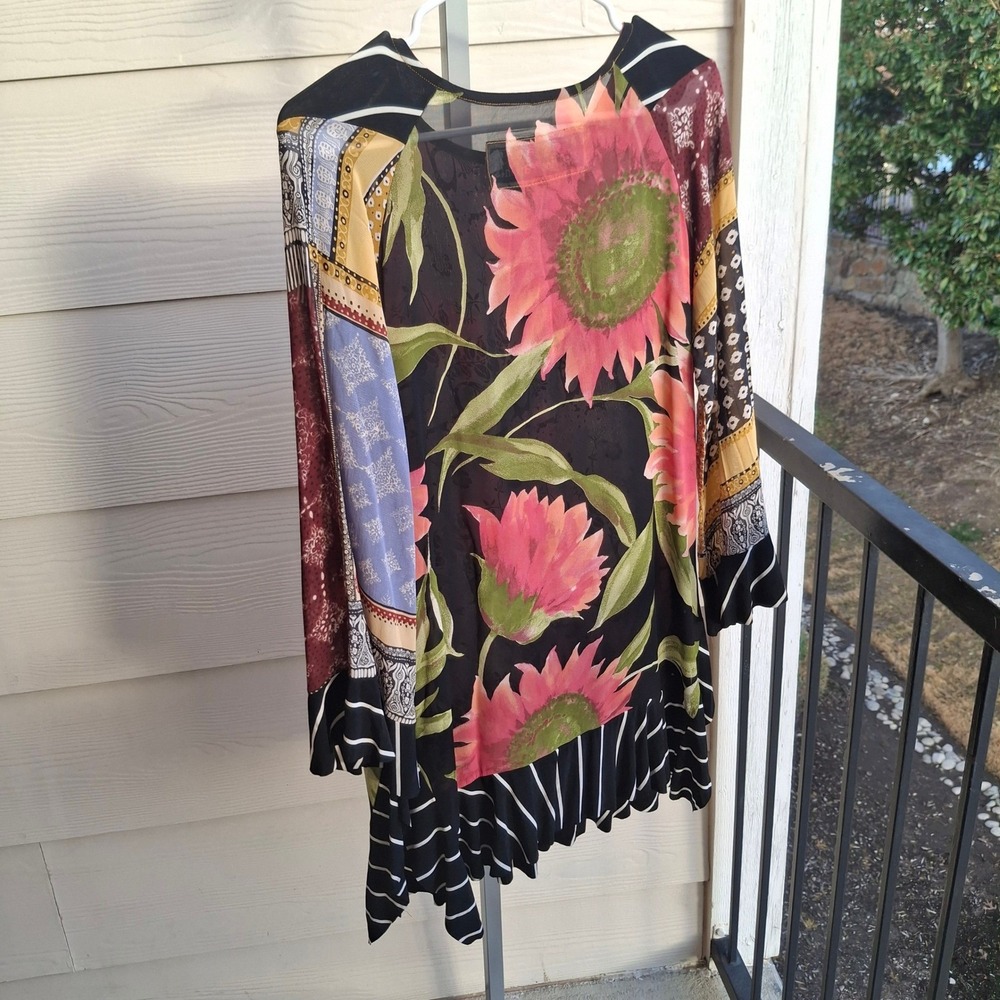 Nothing Matches Mixed Print Floral Striped Ruffle Hem Tunic Top Boho Women - Picture 2 of 6
